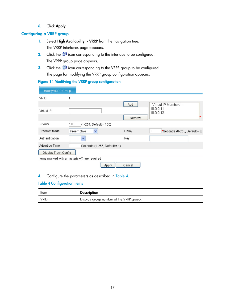 Configuring a vrrp group | H3C Technologies H3C SecBlade LB Cards User Manual | Page 25 / 165