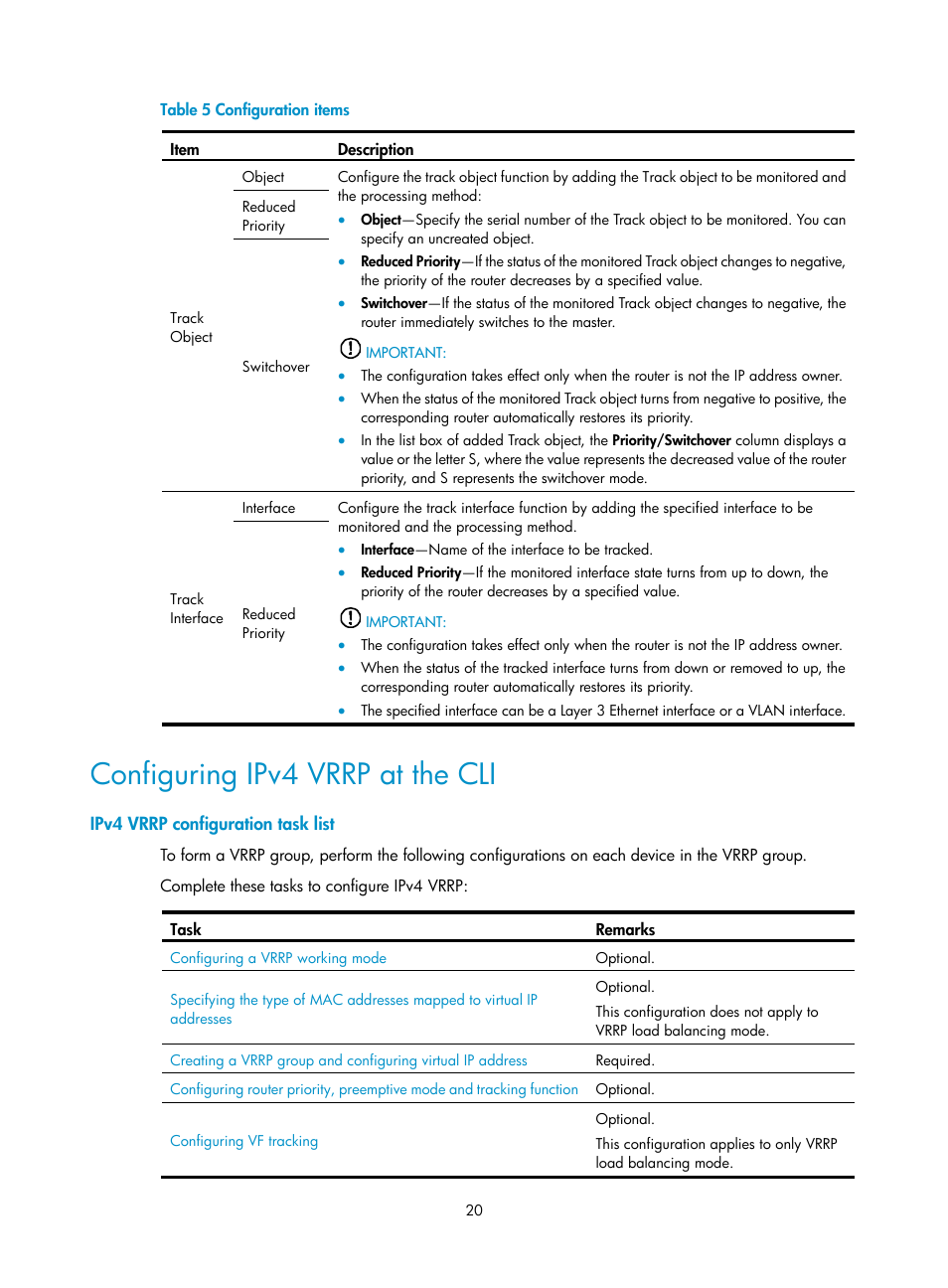 Configuring ipv4 vrrp at the cli, Ipv4 vrrp configuration task list | H3C Technologies H3C SecBlade LB Cards User Manual | Page 28 / 165