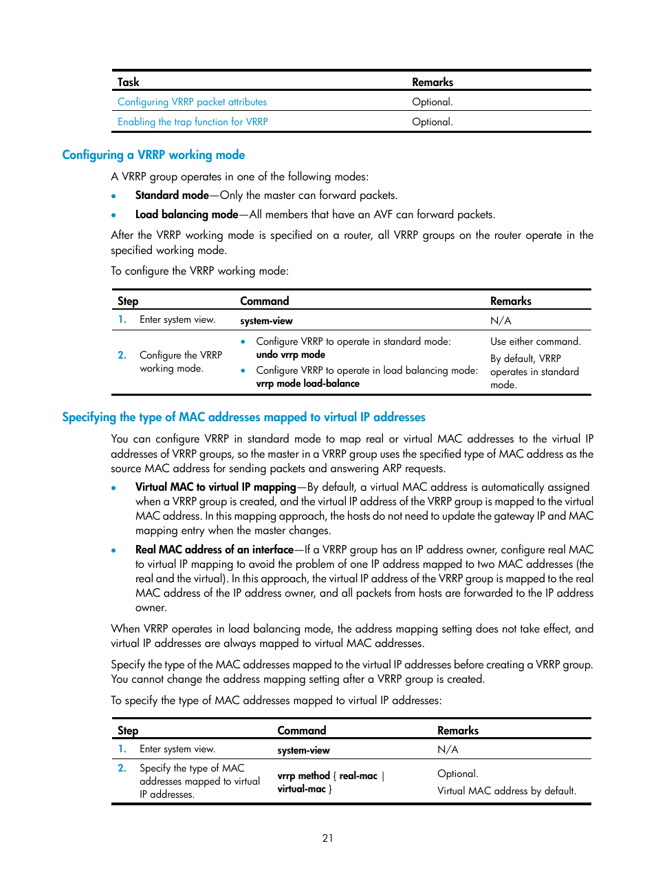 Configuring a vrrp working mode | H3C Technologies H3C SecBlade LB Cards User Manual | Page 29 / 165