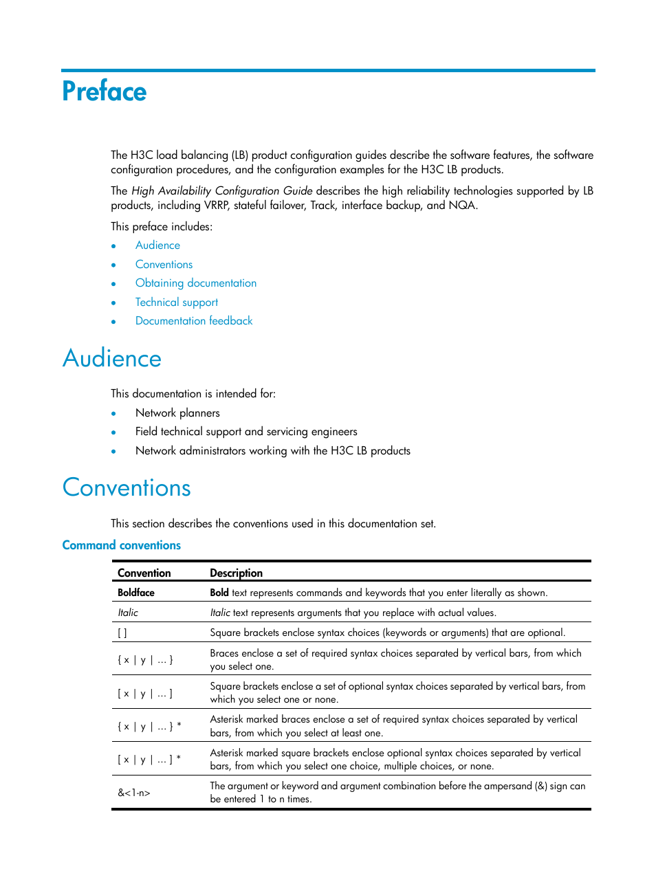 Preface, Audience, Conventions | Command conventions | H3C Technologies H3C SecBlade LB Cards User Manual | Page 3 / 165