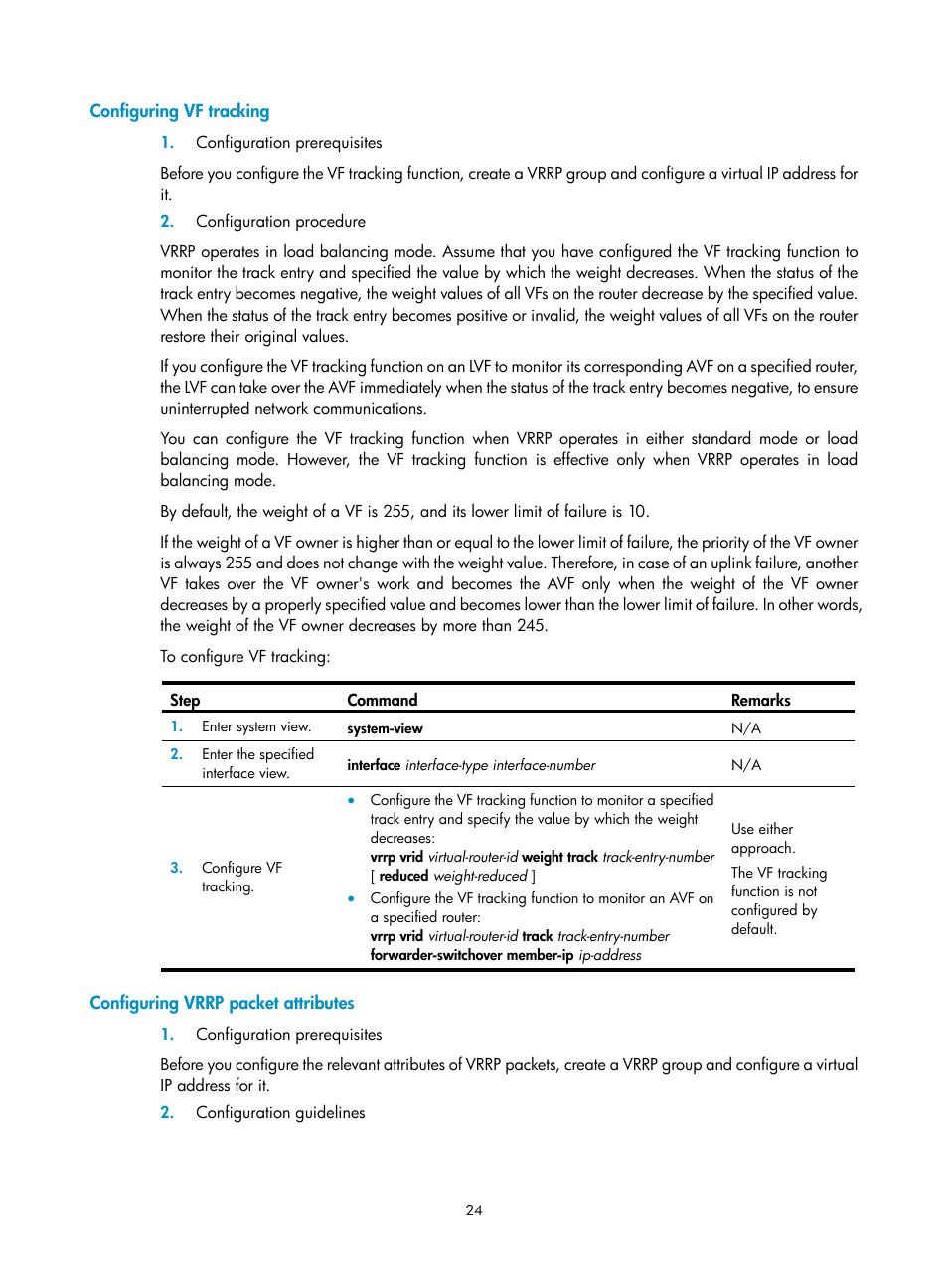 Configuring vf tracking, Configuring vrrp packet attributes | H3C Technologies H3C SecBlade LB Cards User Manual | Page 32 / 165