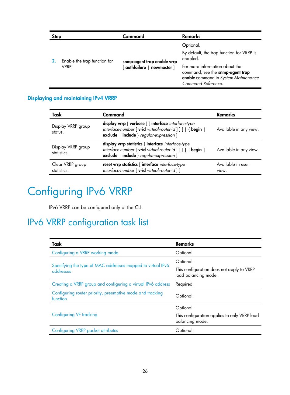 Displaying and maintaining ipv4 vrrp, Configuring ipv6 vrrp, Ipv6 vrrp configuration task list | H3C Technologies H3C SecBlade LB Cards User Manual | Page 34 / 165