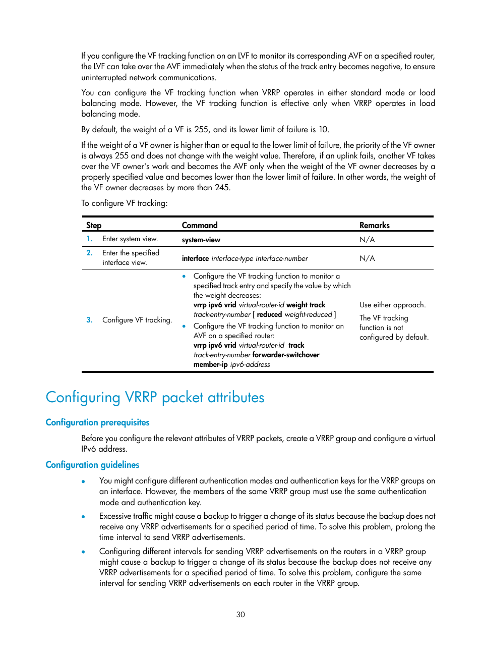 Configuring vrrp packet attributes, Configuration prerequisites, Configuration guidelines | H3C Technologies H3C SecBlade LB Cards User Manual | Page 38 / 165