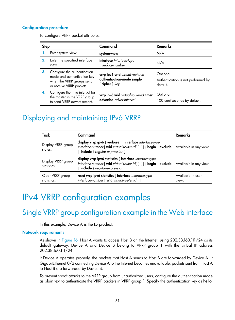 Configuration procedure, Displaying and maintaining ipv6 vrrp, Ipv4 vrrp configuration examples | Network requirements | H3C Technologies H3C SecBlade LB Cards User Manual | Page 39 / 165