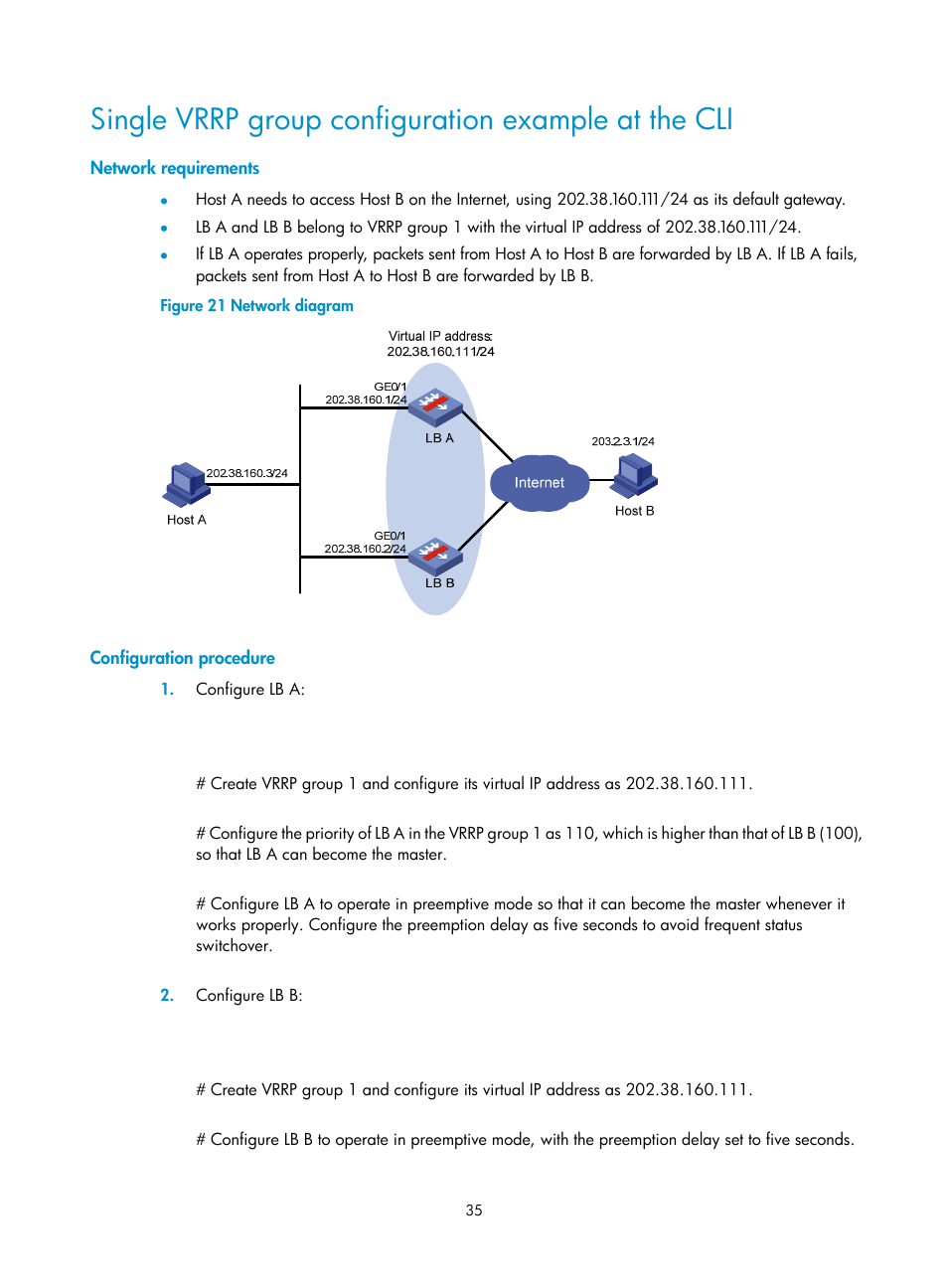 Single vrrp group configuration example at the cli, Network requirements, Configuration procedure | H3C Technologies H3C SecBlade LB Cards User Manual | Page 43 / 165