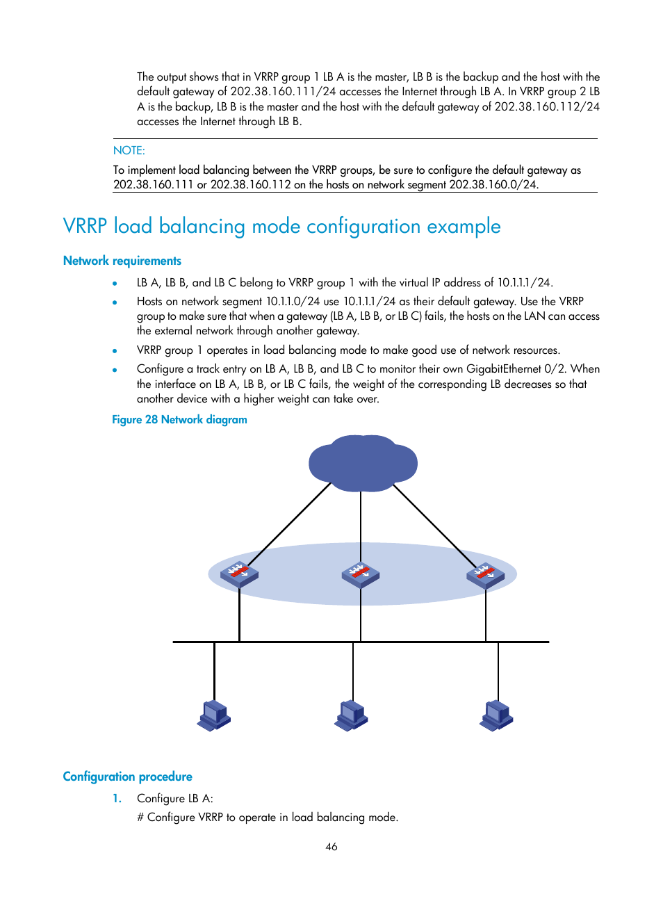 Vrrp load balancing mode configuration example, Network requirements, Configuration procedure | H3C Technologies H3C SecBlade LB Cards User Manual | Page 54 / 165