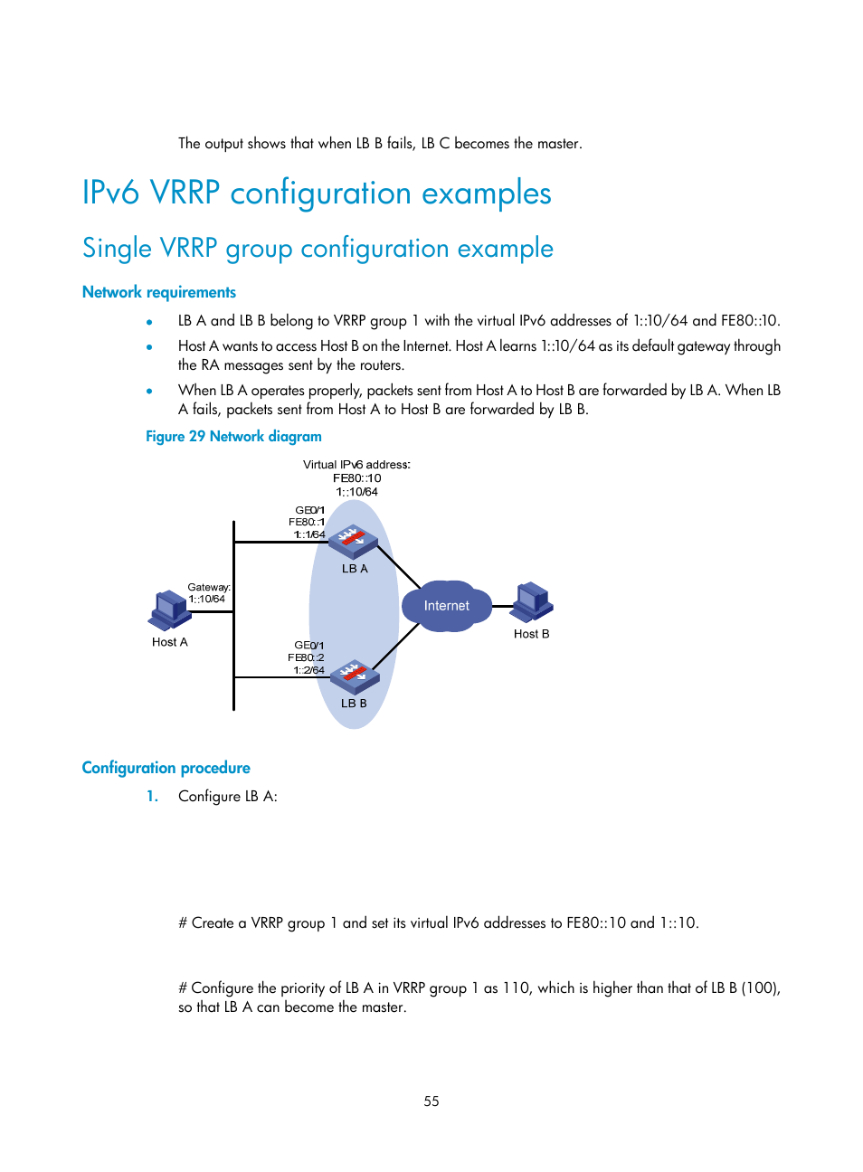 Ipv6 vrrp configuration examples, Single vrrp group configuration example, Network requirements | Configuration procedure | H3C Technologies H3C SecBlade LB Cards User Manual | Page 63 / 165