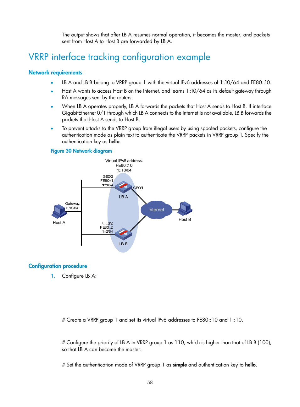 Vrrp interface tracking configuration example, Network requirements, Configuration procedure | H3C Technologies H3C SecBlade LB Cards User Manual | Page 66 / 165