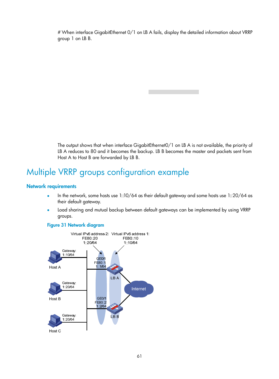 Multiple vrrp groups configuration example, Network requirements | H3C Technologies H3C SecBlade LB Cards User Manual | Page 69 / 165