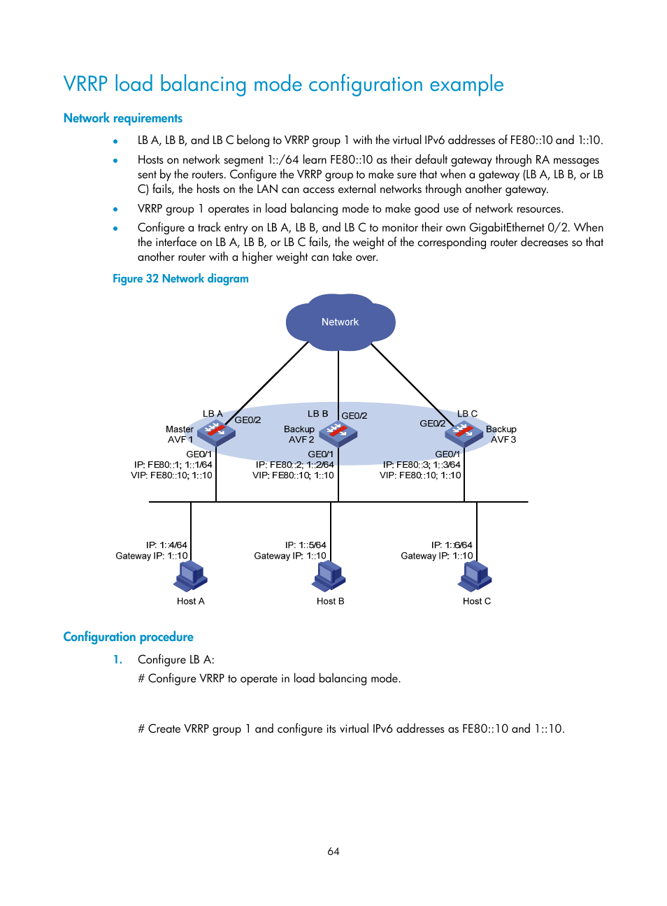 Vrrp load balancing mode configuration example, Network requirements, Configuration procedure | H3C Technologies H3C SecBlade LB Cards User Manual | Page 72 / 165