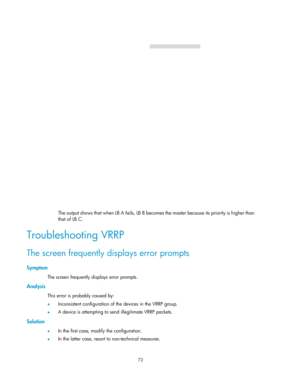 Troubleshooting vrrp, The screen frequently displays error prompts, Symptom | Analysis, Solution | H3C Technologies H3C SecBlade LB Cards User Manual | Page 80 / 165