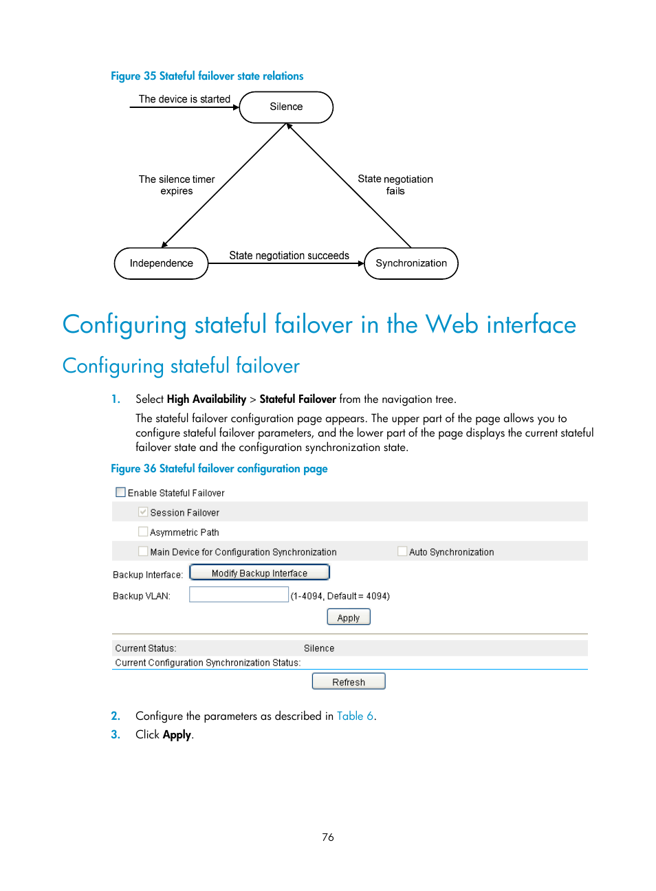 Configuring stateful failover in the web interface, Configuring stateful failover | H3C Technologies H3C SecBlade LB Cards User Manual | Page 84 / 165