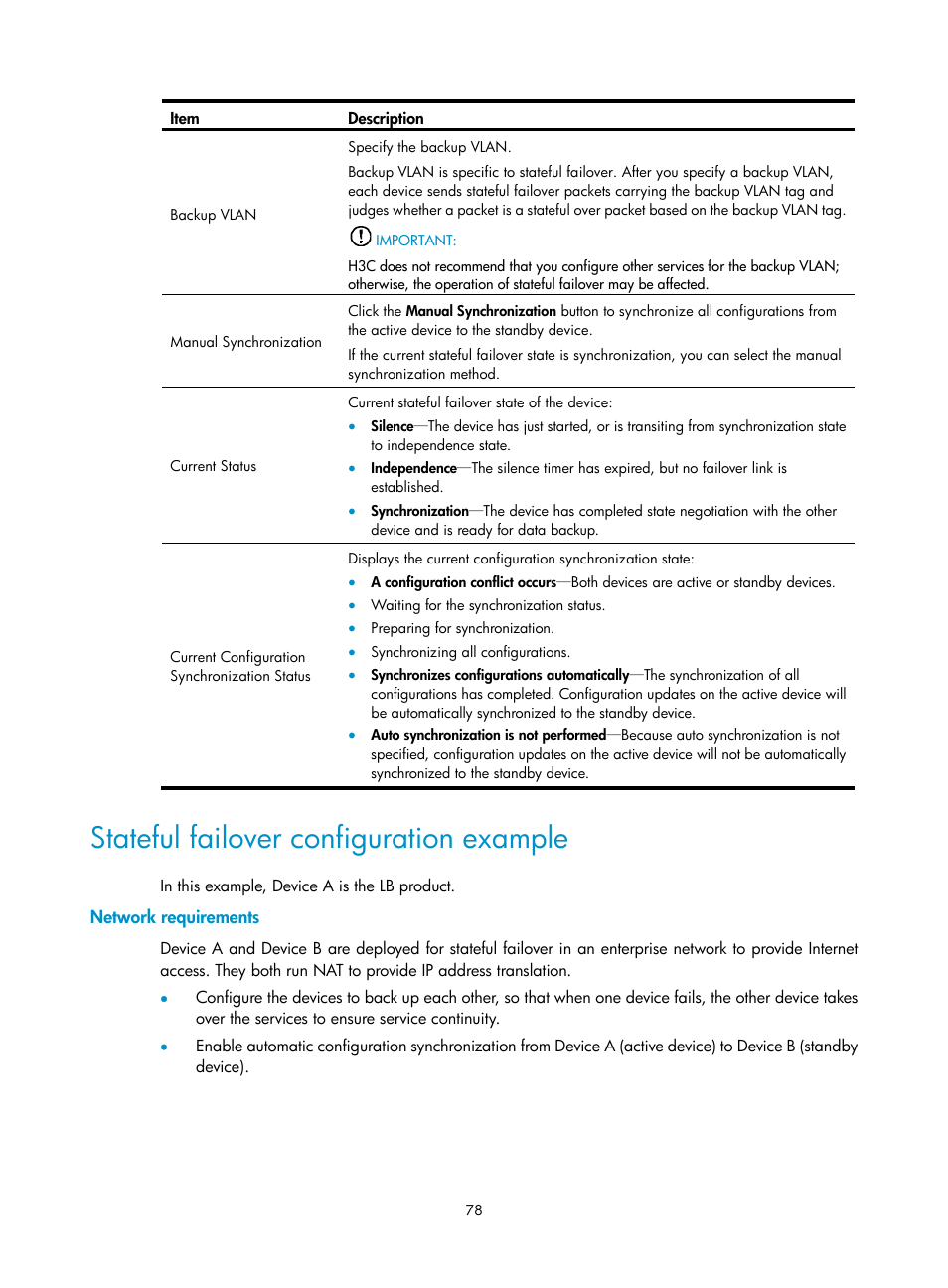 Stateful failover configuration example, Network requirements | H3C Technologies H3C SecBlade LB Cards User Manual | Page 86 / 165