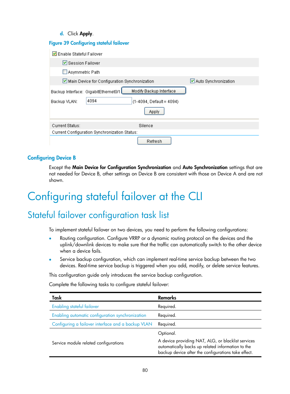 Configuring device b, Configuring stateful failover at the cli, Stateful failover configuration task list | H3C Technologies H3C SecBlade LB Cards User Manual | Page 88 / 165