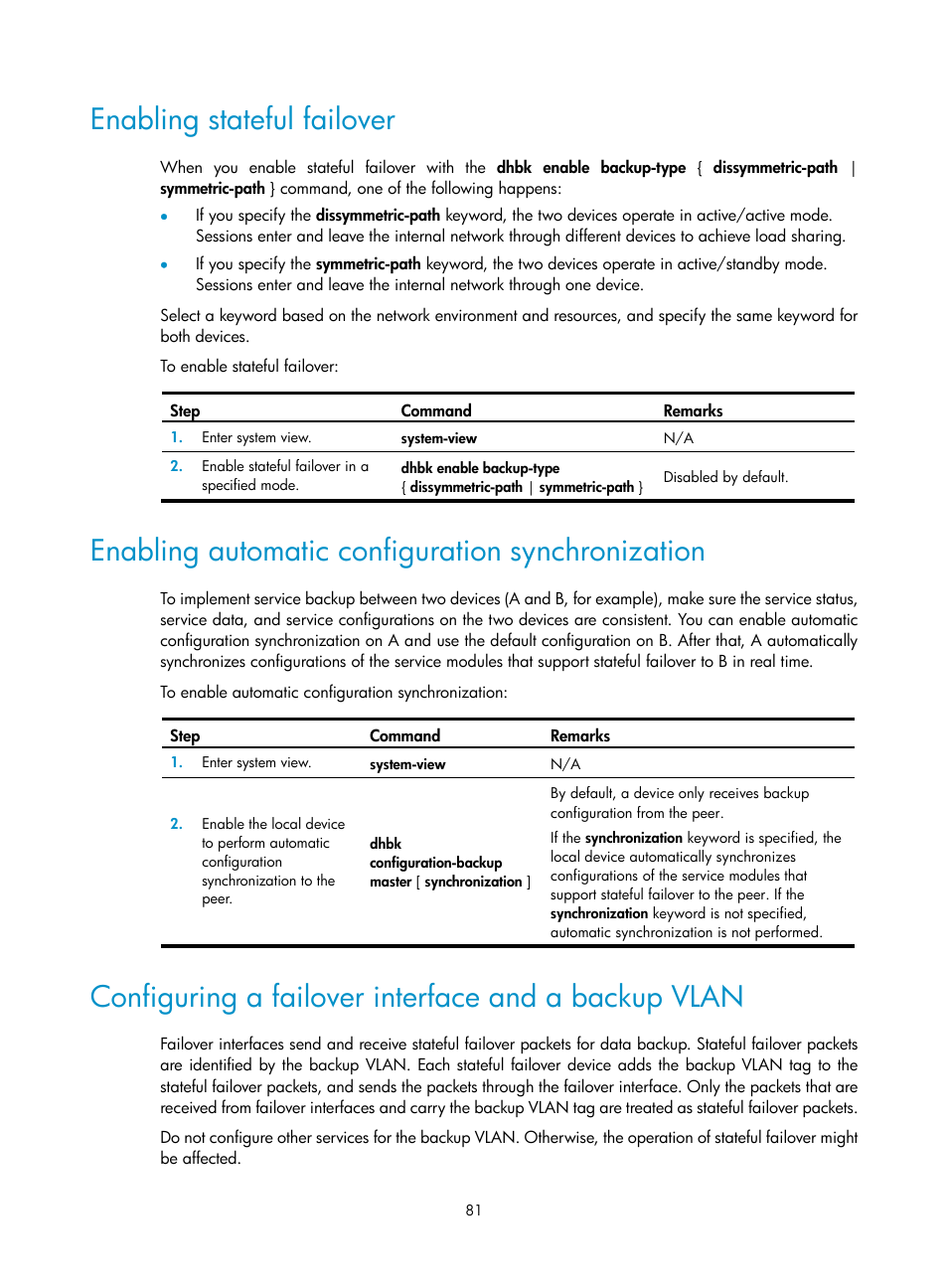 Enabling stateful failover, Enabling automatic configuration synchronization, Configuring a failover interface and a backup vlan | H3C Technologies H3C SecBlade LB Cards User Manual | Page 89 / 165