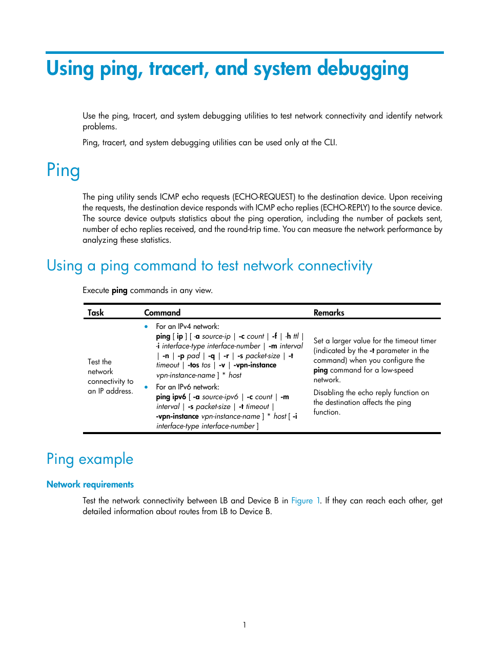 Using ping, tracert, and system debugging, Ping, Using a ping command to test network connectivity | Ping example, Network requirements | H3C Technologies H3C SecBlade LB Cards User Manual | Page 10 / 114