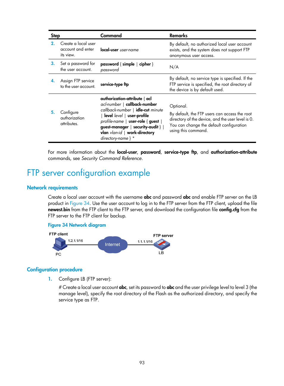 Ftp server configuration example, Network requirements, Configuration procedure | H3C Technologies H3C SecBlade LB Cards User Manual | Page 102 / 114