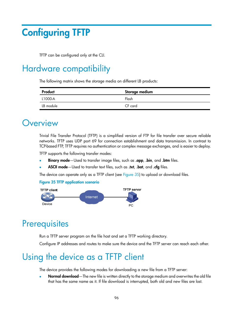 Configuring tftp, Hardware compatibility, Overview | Prerequisites, Using the device as a tftp client | H3C Technologies H3C SecBlade LB Cards User Manual | Page 105 / 114