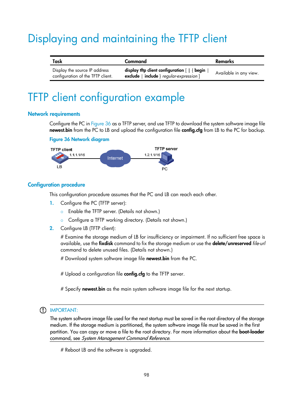 Displaying and maintaining the tftp client, Tftp client configuration example, Network requirements | Configuration procedure | H3C Technologies H3C SecBlade LB Cards User Manual | Page 107 / 114