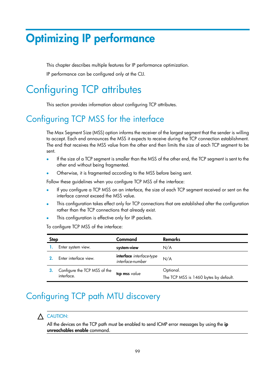 Optimizing ip performance, Configuring tcp attributes, Configuring tcp mss for the interface | Configuring tcp path mtu discovery | H3C Technologies H3C SecBlade LB Cards User Manual | Page 108 / 114