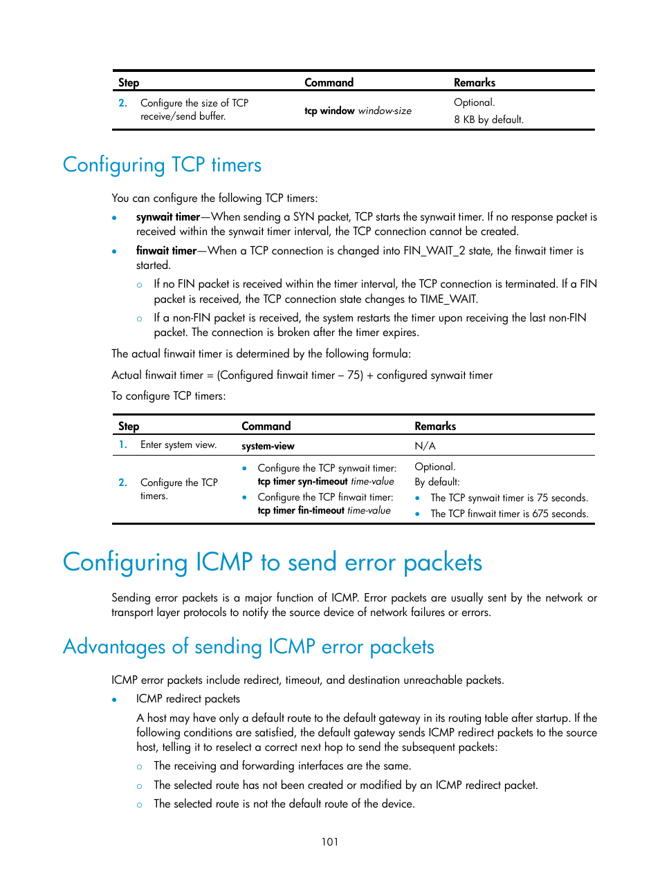 Configuring tcp timers, Configuring icmp to send error packets, Advantages of sending icmp error packets | H3C Technologies H3C SecBlade LB Cards User Manual | Page 110 / 114