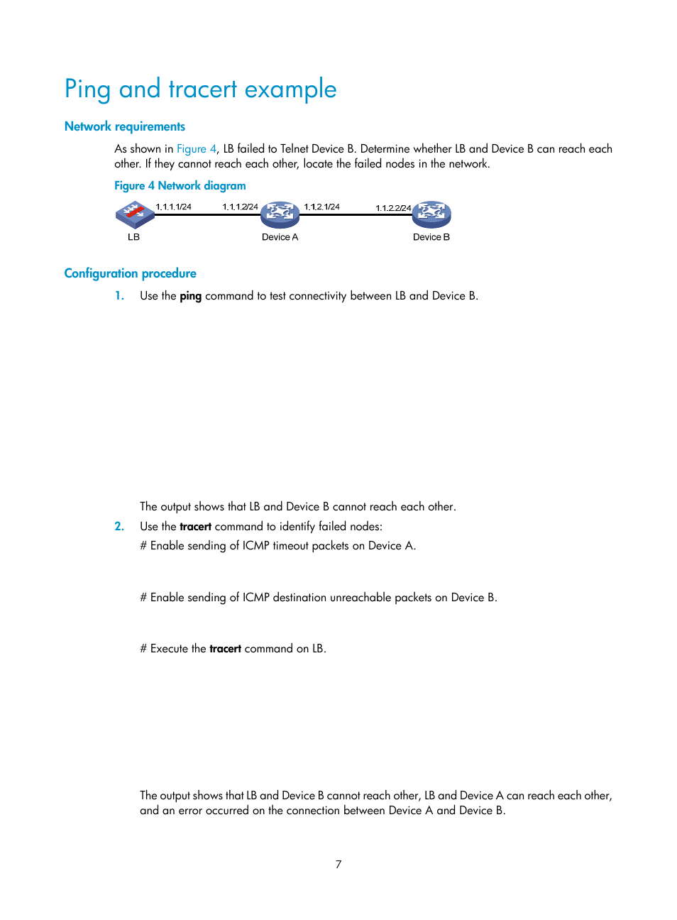 Ping and tracert example, Network requirements, Configuration procedure | H3C Technologies H3C SecBlade LB Cards User Manual | Page 16 / 114