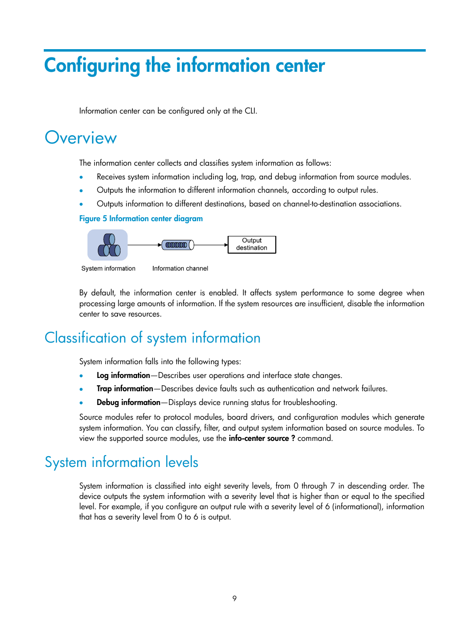 Configuring the information center, Overview, Classification of system information | System information levels | H3C Technologies H3C SecBlade LB Cards User Manual | Page 18 / 114