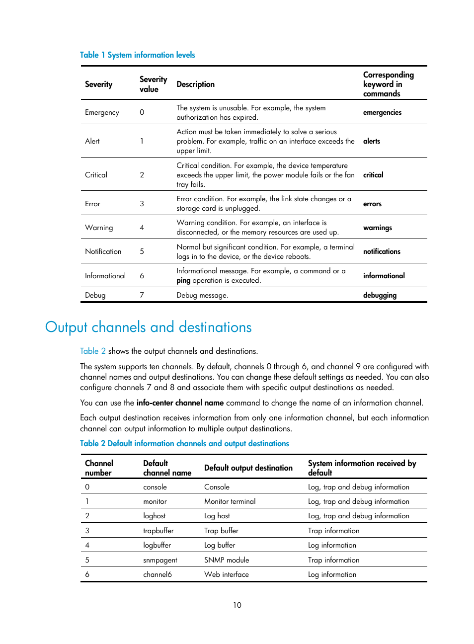 Output channels and destinations | H3C Technologies H3C SecBlade LB Cards User Manual | Page 19 / 114