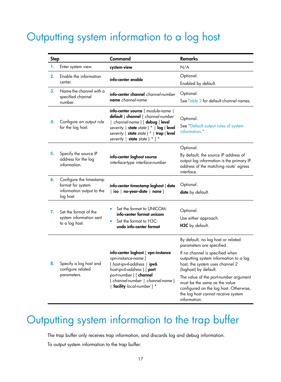 Outputting system information to a log host, Outputting system information to the trap buffer | H3C Technologies H3C SecBlade LB Cards User Manual | Page 26 / 114