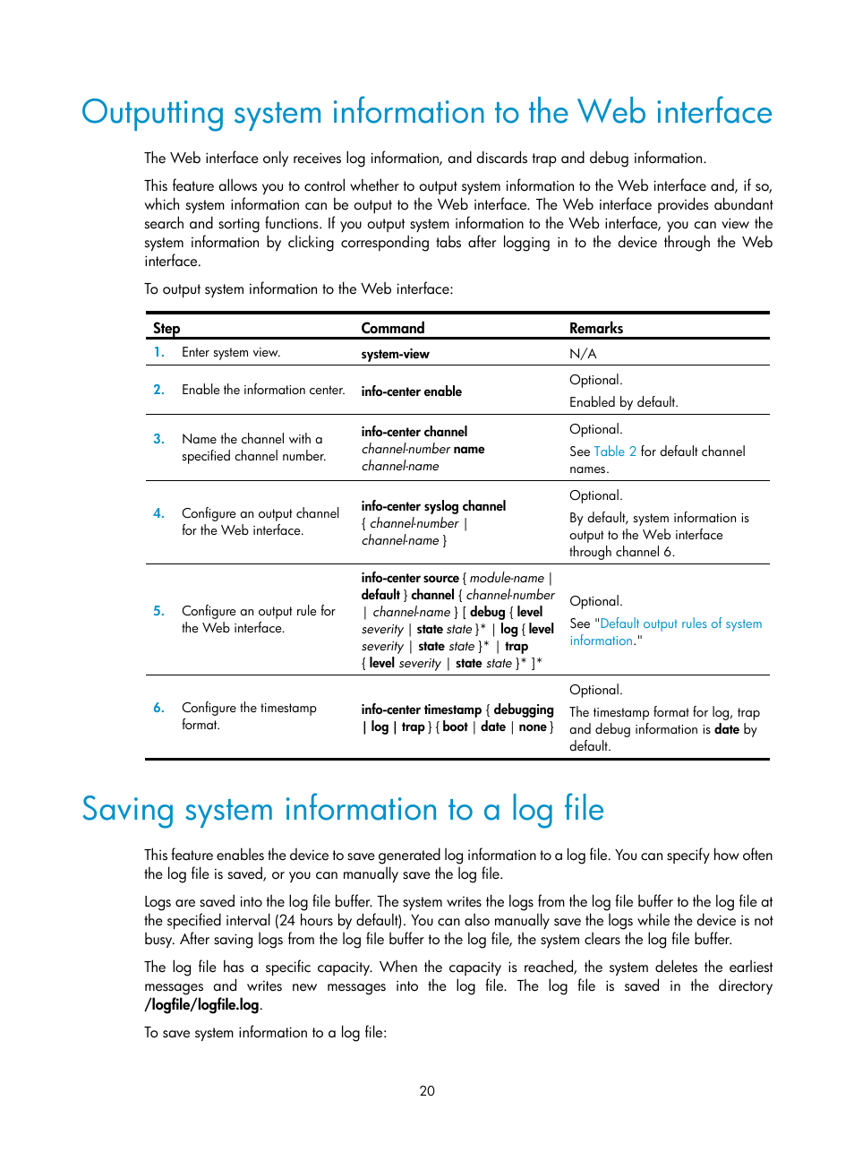 Outputting system information to the web interface, Saving system information to a log file | H3C Technologies H3C SecBlade LB Cards User Manual | Page 29 / 114