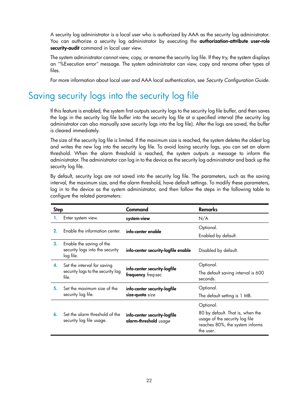 Saving security logs into the security log file | H3C Technologies H3C SecBlade LB Cards User Manual | Page 31 / 114