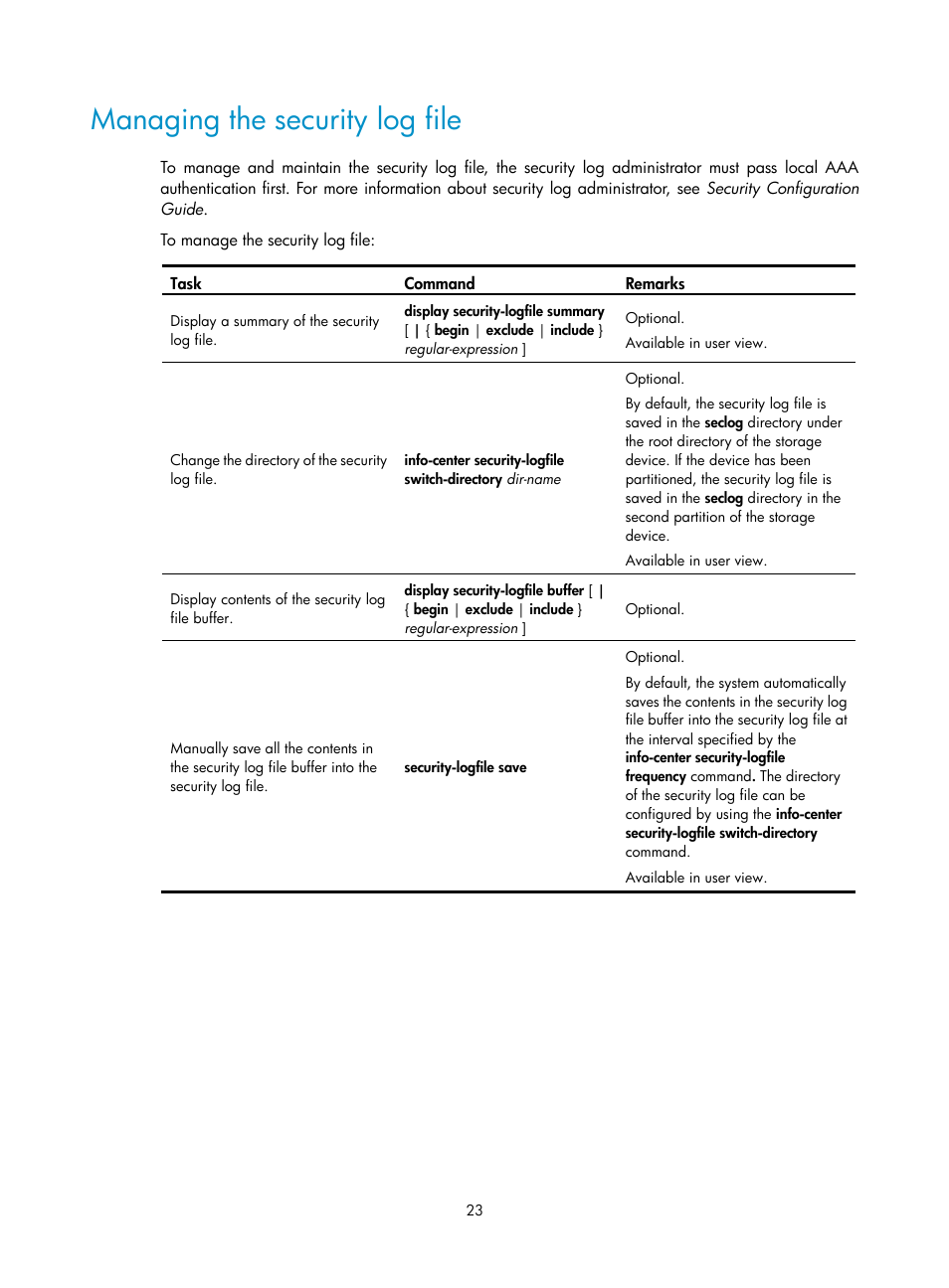 Managing the security log file | H3C Technologies H3C SecBlade LB Cards User Manual | Page 32 / 114