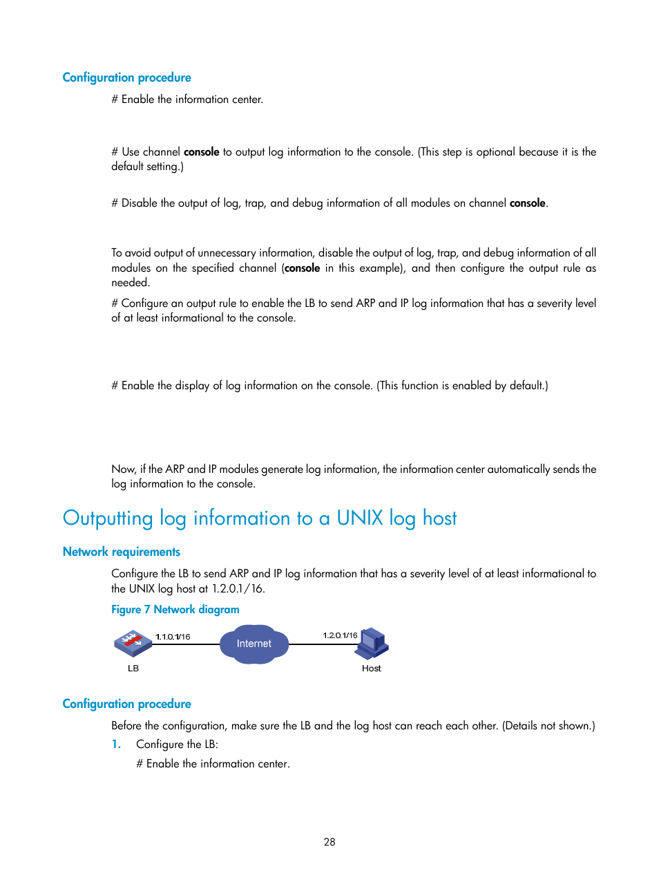 Configuration procedure, Outputting log information to a unix log host, Network requirements | H3C Technologies H3C SecBlade LB Cards User Manual | Page 37 / 114