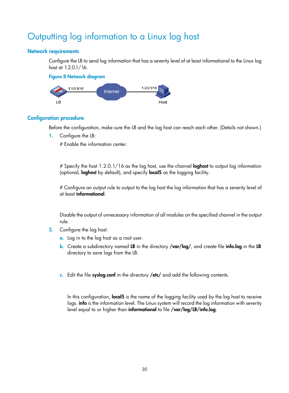 Outputting log information to a linux log host, Network requirements, Configuration procedure | H3C Technologies H3C SecBlade LB Cards User Manual | Page 39 / 114