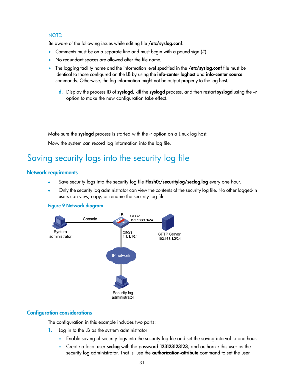 Saving security logs into the security log file, Network requirements, Configuration considerations | H3C Technologies H3C SecBlade LB Cards User Manual | Page 40 / 114