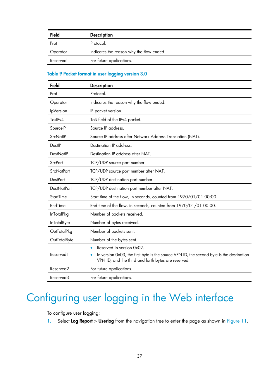 Configuring user logging in the web interface, Table 9 | H3C Technologies H3C SecBlade LB Cards User Manual | Page 46 / 114