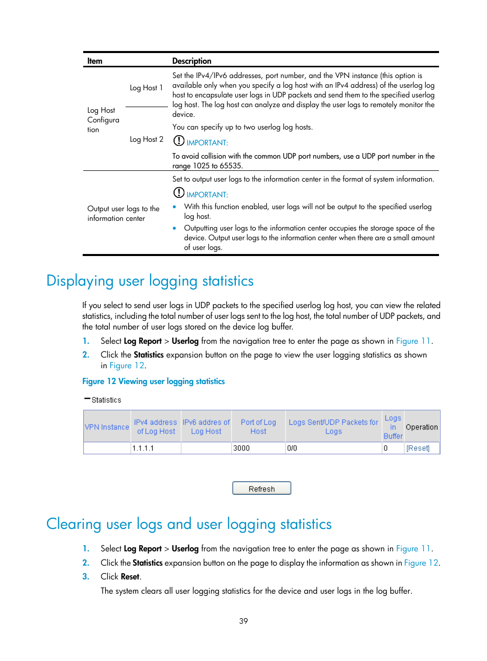 Displaying user logging statistics, Clearing user logs and user logging statistics | H3C Technologies H3C SecBlade LB Cards User Manual | Page 48 / 114