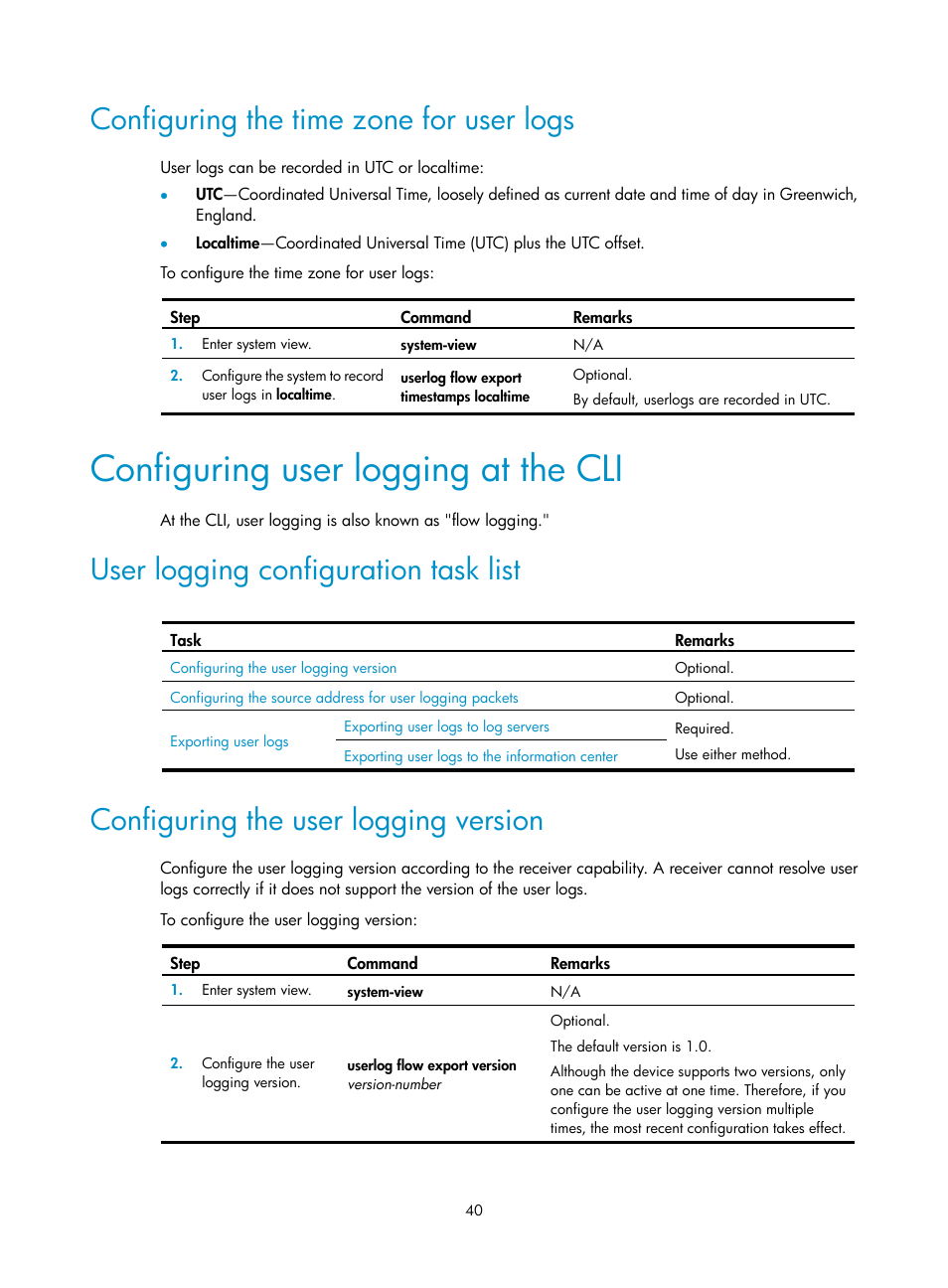 Configuring the time zone for user logs, Configuring user logging at the cli, User logging configuration task list | Configuring the user logging version | H3C Technologies H3C SecBlade LB Cards User Manual | Page 49 / 114