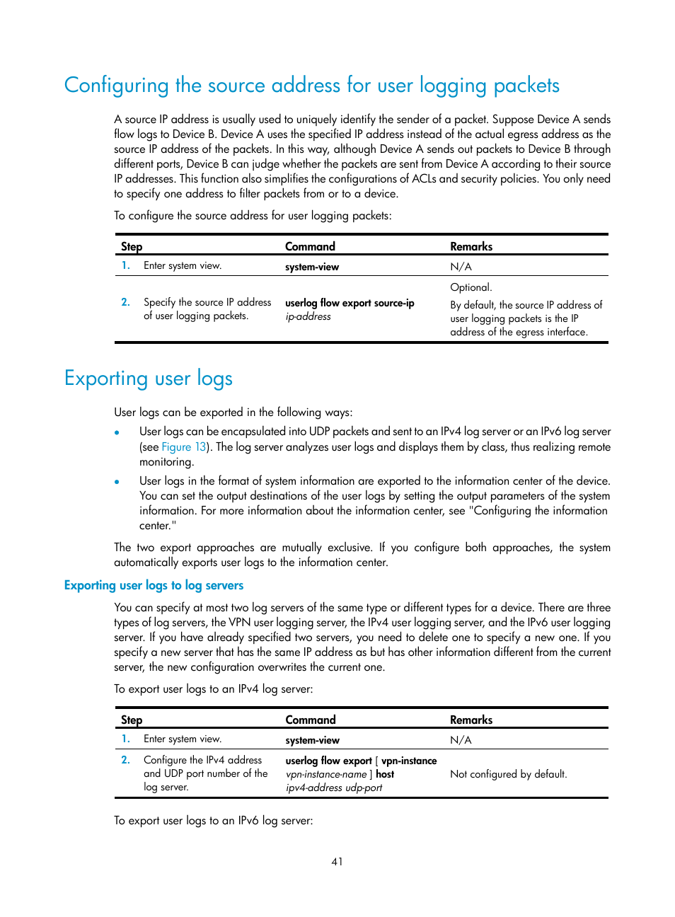 Exporting user logs, Exporting user logs to log servers | H3C Technologies H3C SecBlade LB Cards User Manual | Page 50 / 114