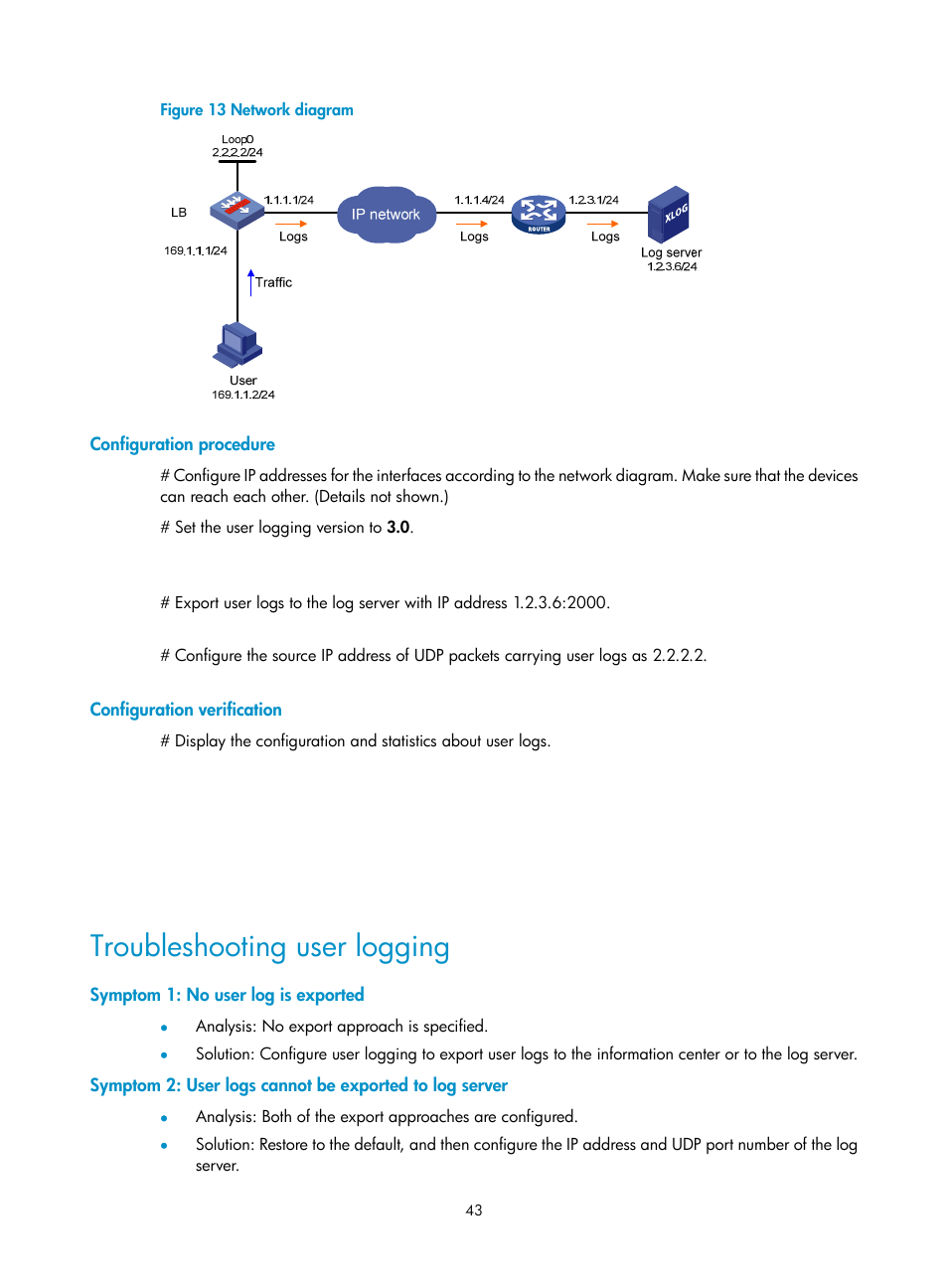 Configuration procedure, Configuration verification, Troubleshooting user logging | Symptom 1: no user log is exported | H3C Technologies H3C SecBlade LB Cards User Manual | Page 52 / 114