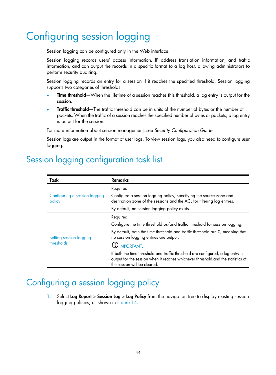 Configuring session logging, Session logging configuration task list, Configuring a session logging policy | H3C Technologies H3C SecBlade LB Cards User Manual | Page 53 / 114