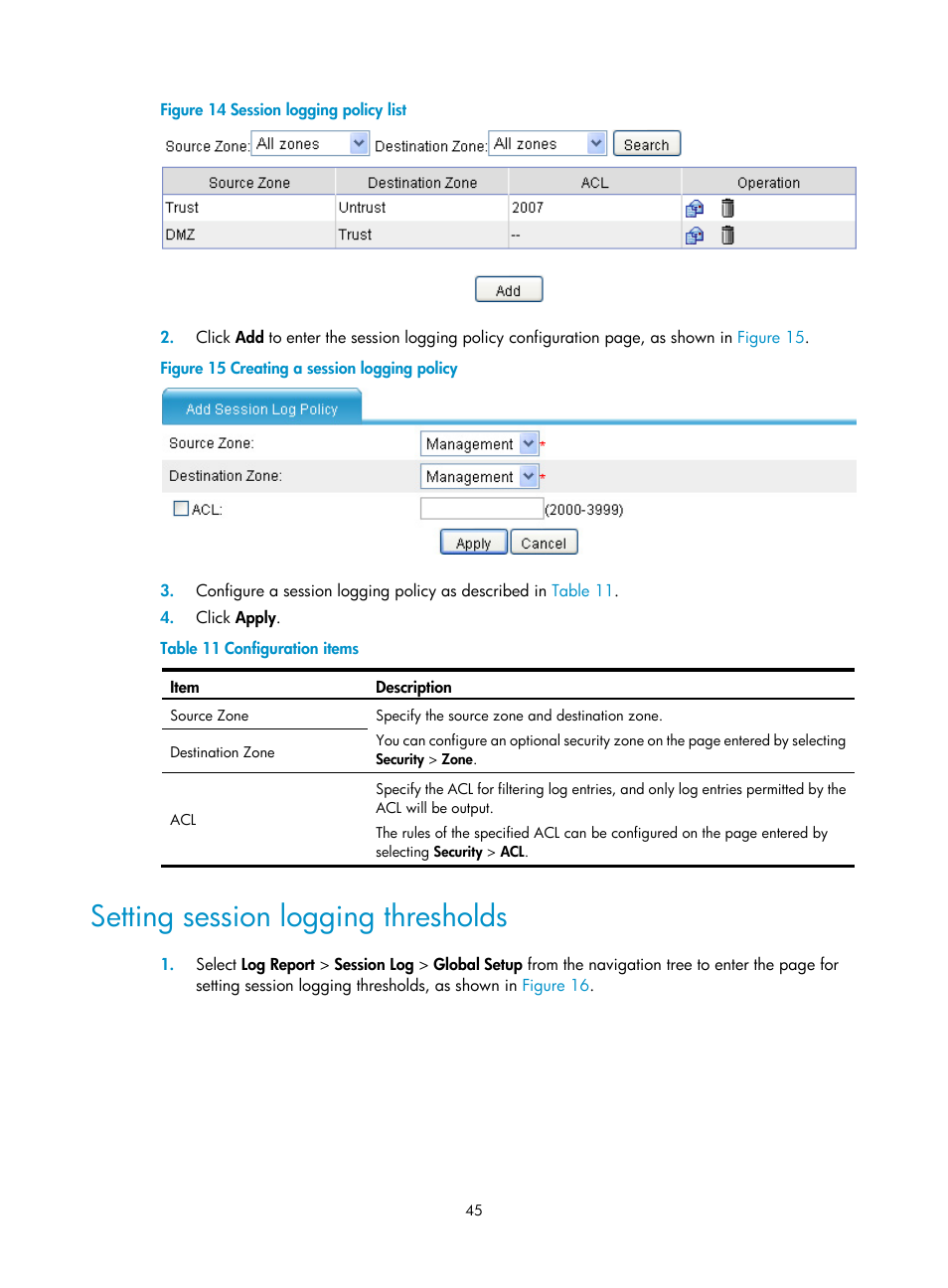 Setting session logging thresholds | H3C Technologies H3C SecBlade LB Cards User Manual | Page 54 / 114