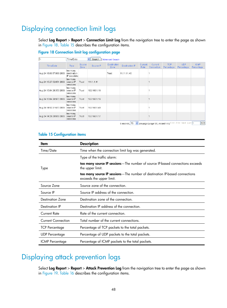 Displaying connection limit logs, Displaying attack prevention logs | H3C Technologies H3C SecBlade LB Cards User Manual | Page 57 / 114