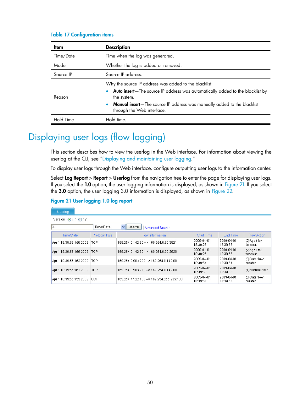 Displaying user logs (flow logging) | H3C Technologies H3C SecBlade LB Cards User Manual | Page 59 / 114