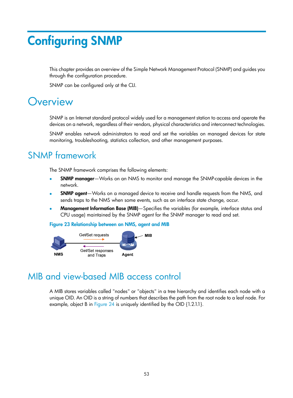 Configuring snmp, Overview, Snmp framework | Mib and view-based mib access control | H3C Technologies H3C SecBlade LB Cards User Manual | Page 62 / 114