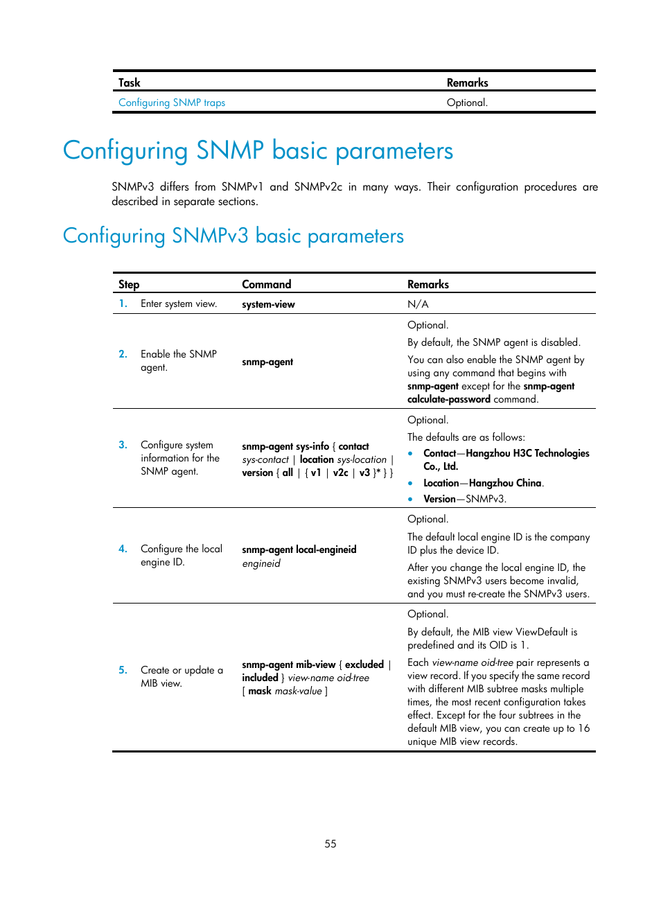 Configuring snmp basic parameters, Configuring snmpv3 basic parameters | H3C Technologies H3C SecBlade LB Cards User Manual | Page 64 / 114