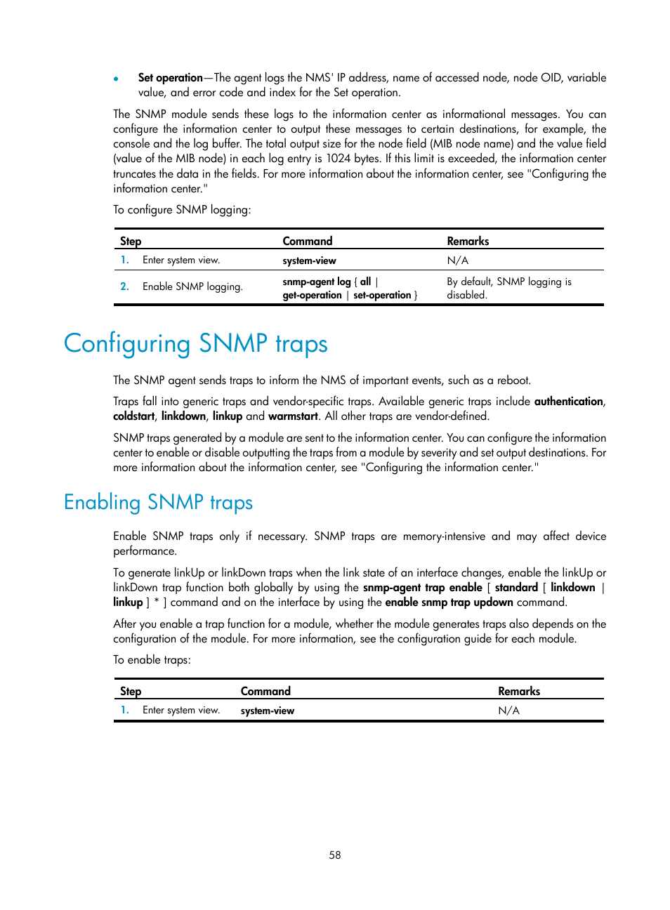 Configuring snmp traps, Enabling snmp traps | H3C Technologies H3C SecBlade LB Cards User Manual | Page 67 / 114