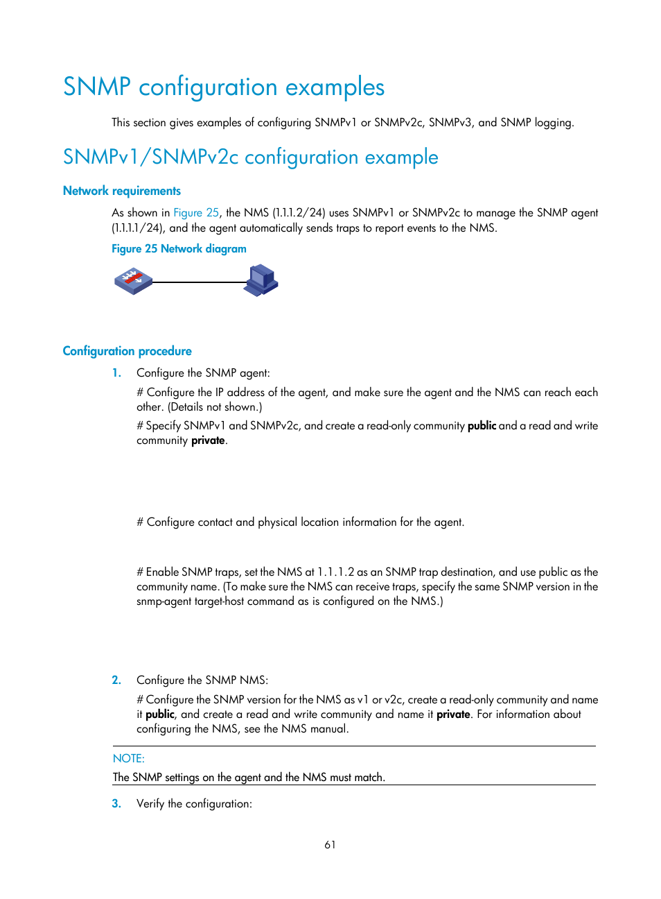 Snmp configuration examples, Snmpv1/snmpv2c configuration example, Network requirements | Configuration procedure | H3C Technologies H3C SecBlade LB Cards User Manual | Page 70 / 114