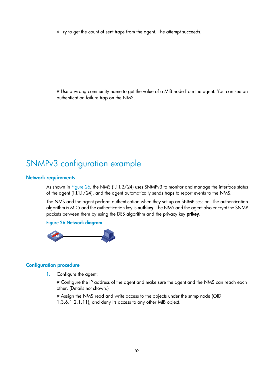 Snmpv3 configuration example, Network requirements, Configuration procedure | H3C Technologies H3C SecBlade LB Cards User Manual | Page 71 / 114