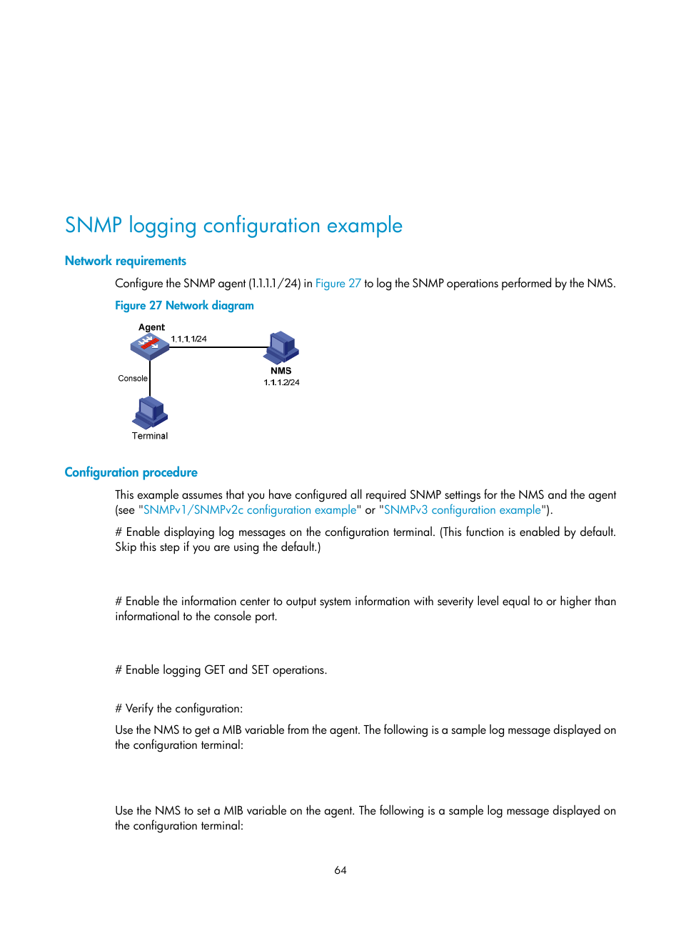 Snmp logging configuration example, Network requirements, Configuration procedure | H3C Technologies H3C SecBlade LB Cards User Manual | Page 73 / 114